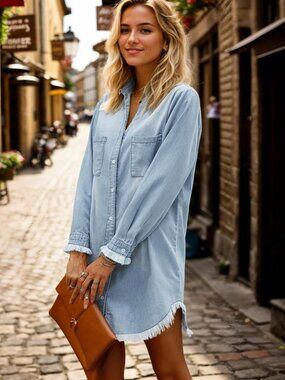 Women's Denim Distressed Shirt Dress